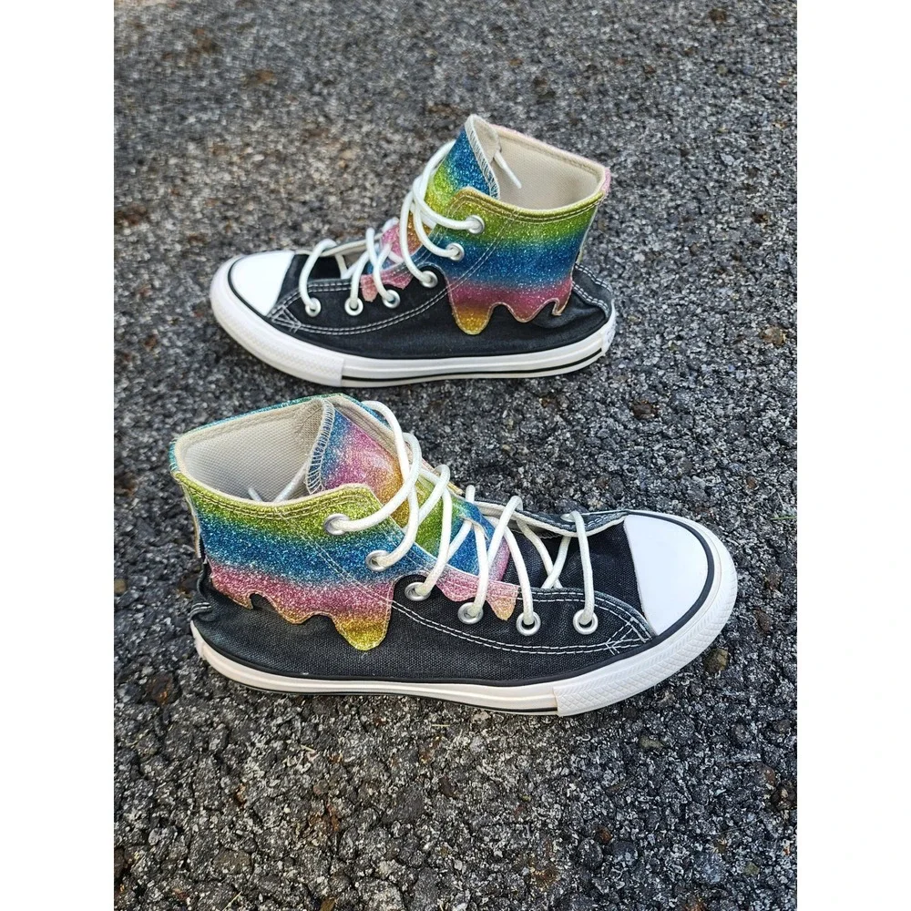 Converse Chuck Taylor Glitter Drip High Top Sneakers Black Rainbow Youth Size 1